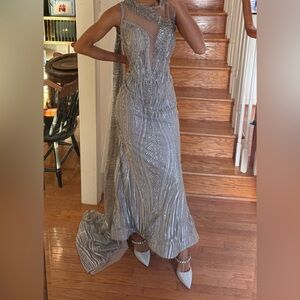 MNM Couture Silver Beaded Prom Dress